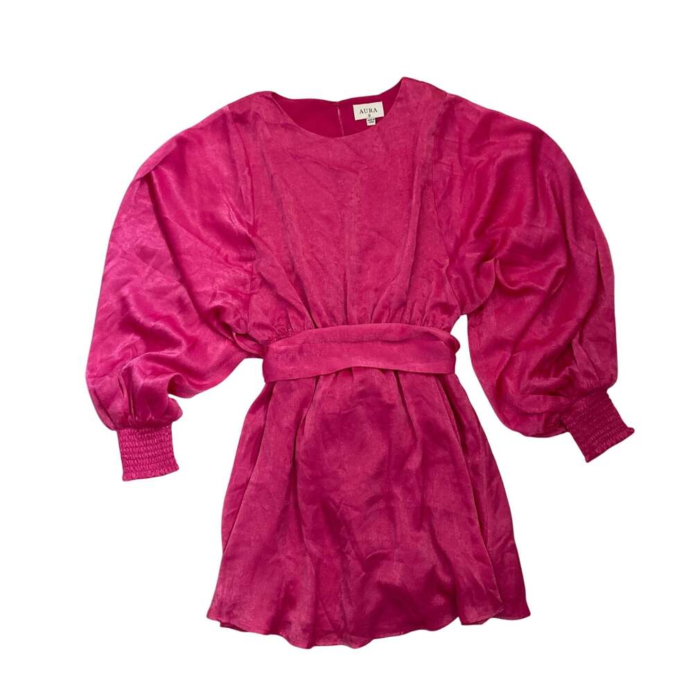 Aura Blouson Sleeve Smocked Cuff Mini Dress Tie Belt Pink Medium